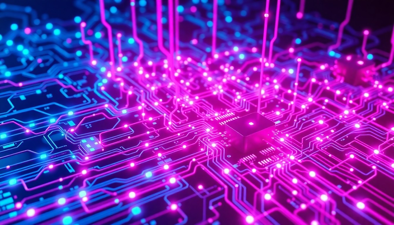 A highly detailed, glowing 3D illustration of a complex network of interconnected circuits, cables, and data servers in shades of neon blue and magenta, conceptually representing the digital infrastructure that underpins modern AI and cybersecurity systems.