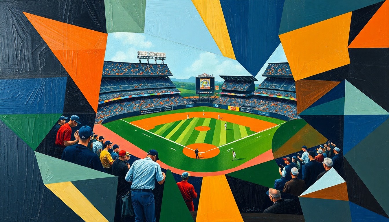 A fractured, cubist painting depicting the dynamic action and energy of a baseball game, with sharp geometric shapes and planes in shades of navy, green, and orange conveying the intensity of the moment.