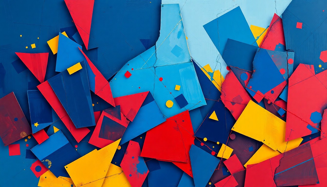 An abstract, dynamic painting featuring overlapping, fractured geometric shapes in shades of deep blue, crimson red, and golden yellow, conceptually representing the chaotic and shifting dynamics of the California governor's race.