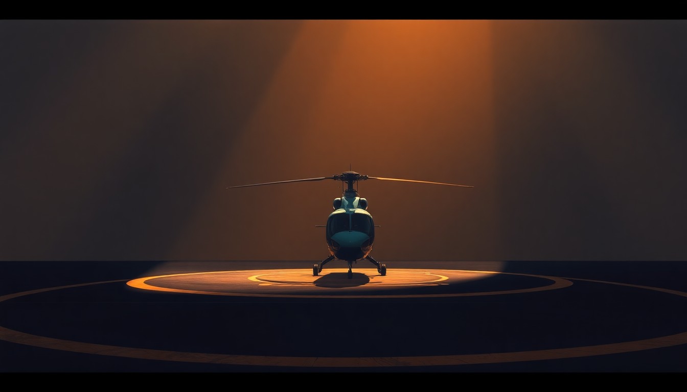 A serene, cinematic painting of a solitary helicopter landing pad in a coastal town, with warm sunlight casting long shadows across the scene, conceptually representing the political power and privilege associated with the proposed Mar-a-Lago helipad.