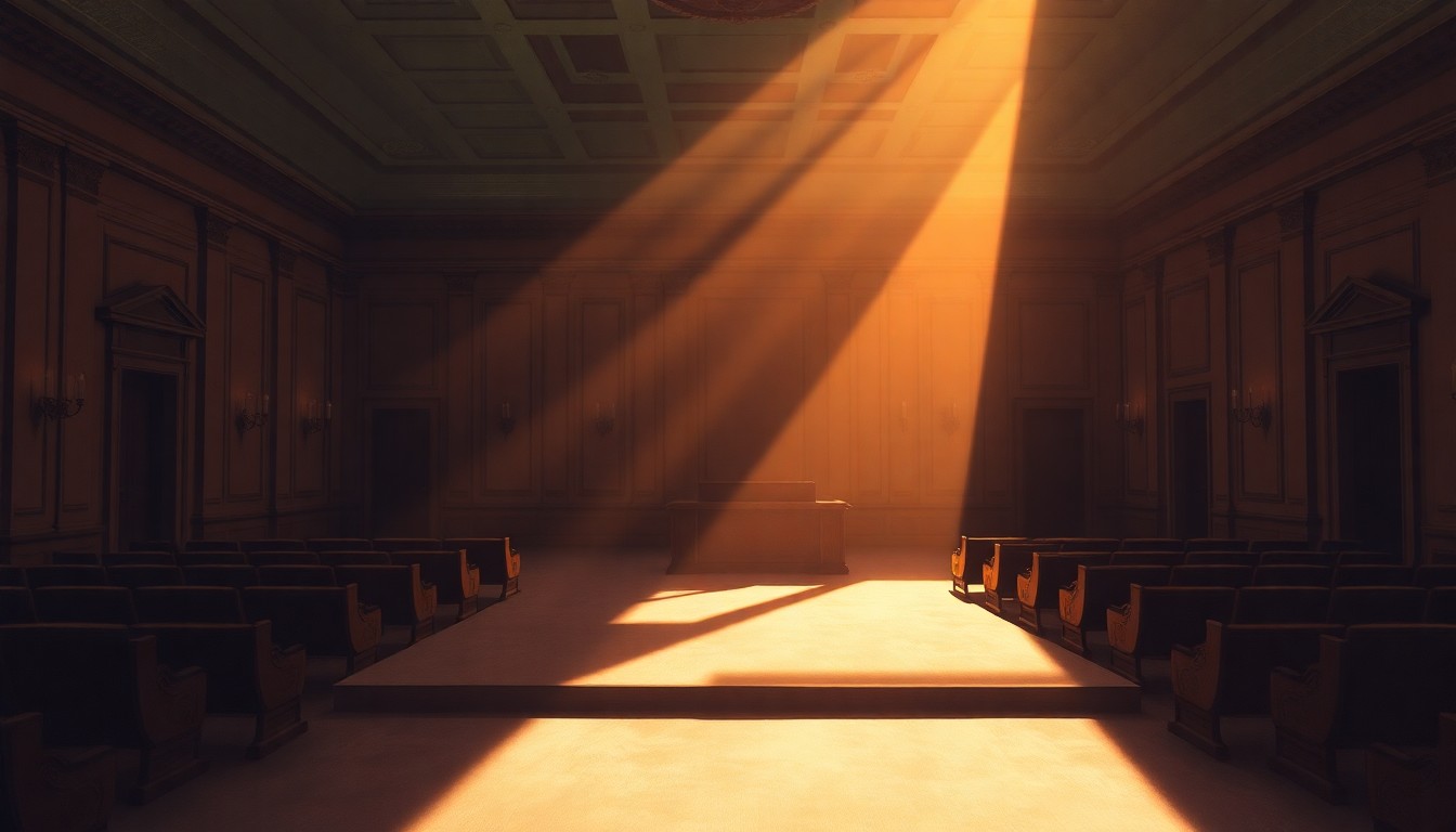 A dimly lit, cinematic painting of an empty city council chamber, with warm sunlight streaming through the windows and deep shadows cast across the room, conceptually representing the priorities of local voters.