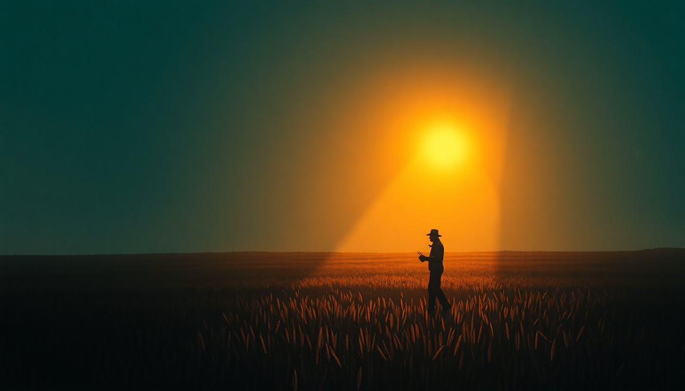 A serene, textured painting of a solitary farmworker standing in a field, with warm light and deep shadows creating a contemplative, cinematic mood that reflects the complex human story behind immigration policy debates.