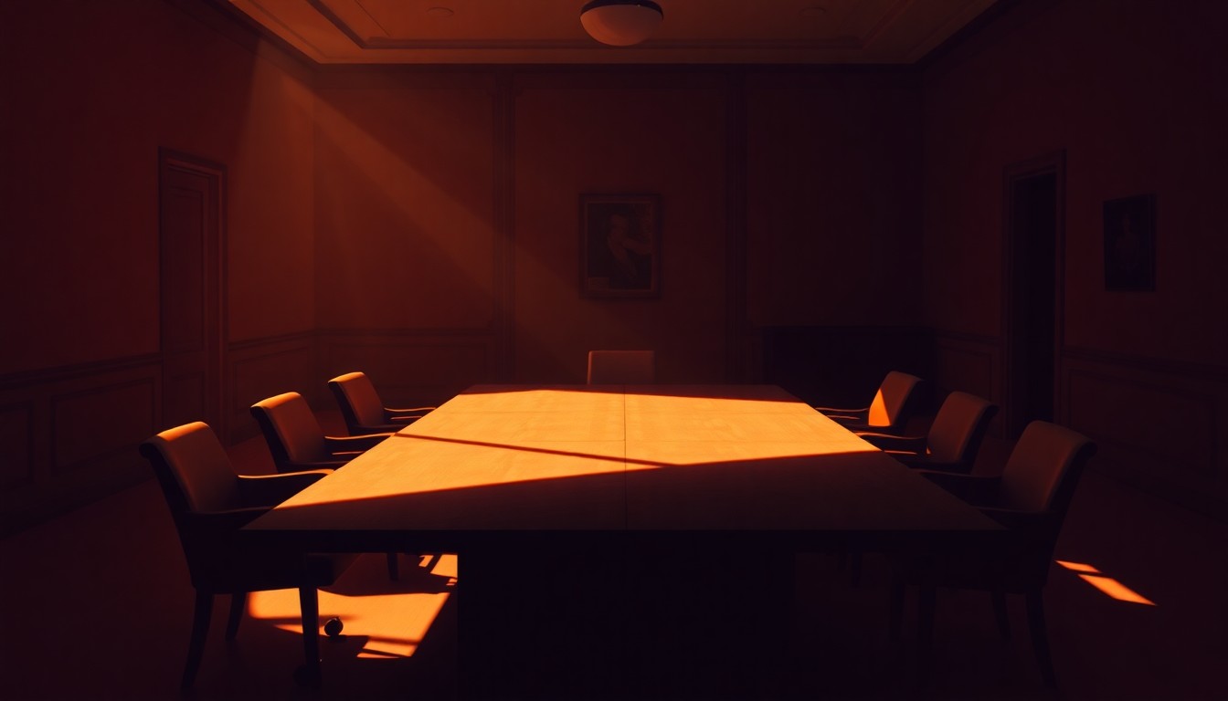 A dimly lit, cinematic painting of an empty conference room with a large wooden table and chairs, the room bathed in warm, diagonal sunlight and deep shadows, conveying a sense of quiet contemplation and the weight of history.