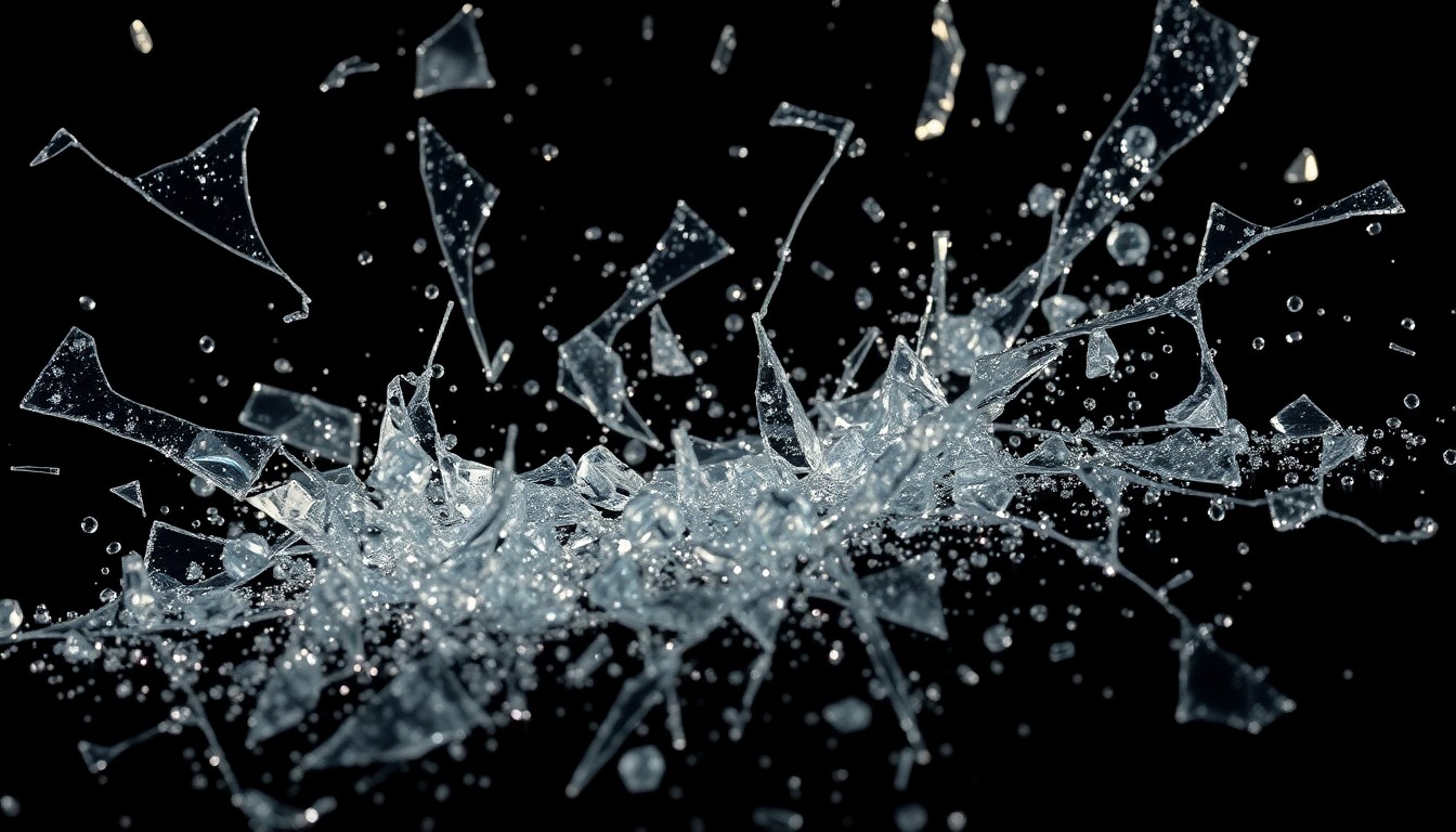 An abstract close-up image of shattered glass and glittering sequins, captured in dramatic, high-contrast studio lighting to convey the intense emotions and tensions of the soap opera storylines.