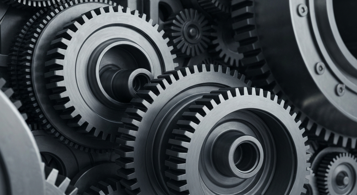 An extreme close-up of intricate, interlocking metal gears and machinery, conveying the complex financial infrastructure and institutional power behind a major biotech public stock offering.