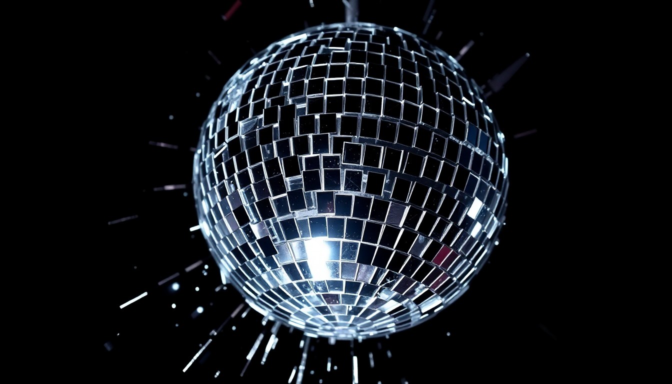 An extreme close-up photograph of a shattered disco ball, with the reflective glass fragments creating a dramatic, high-contrast pattern of glittering light and shadow across the frame, conceptually representing the vibrant energy and rock star glamour of the new album.