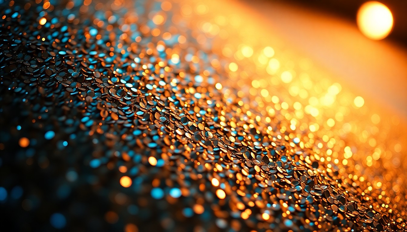 An abstract, high-contrast close-up photograph of shimmering, glittering sequins, capturing the glamorous, high-fashion aesthetic of Rihanna's entrepreneurial work.