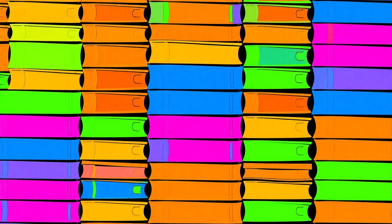 A highly stylized, abstract grid of brightly colored textbooks in neon shades of blue, green, and pink, conceptually representing the debate over how to allocate additional school funding.