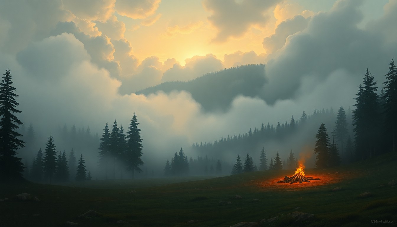 A serene, atmospheric landscape painting in muted earth tones, with a single campfire glowing in the distance, conveying a sense of reduced wildfire risk and the return to normal outdoor activities.