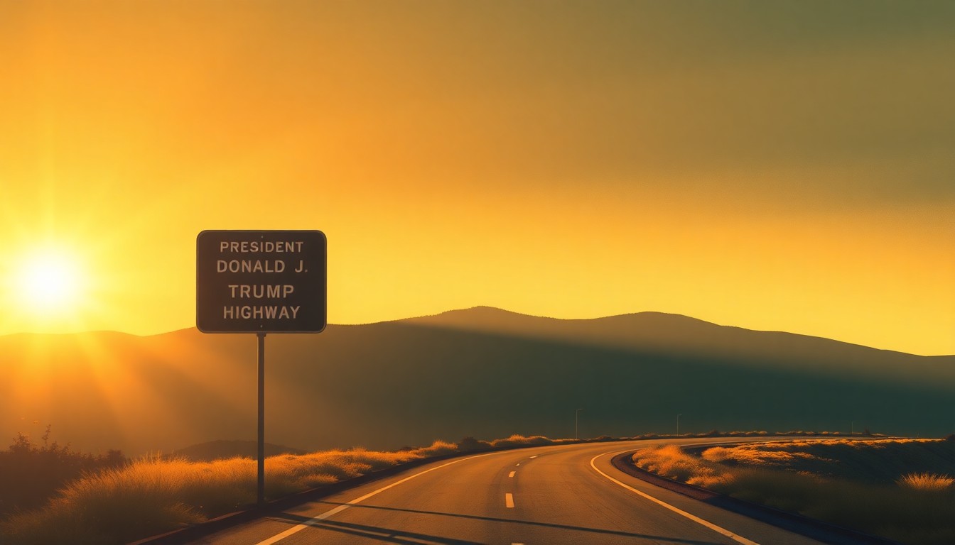 A serene, painterly image of a lone highway sign post standing in the warm glow of the sun, the sign bearing the name 'President Donald J. Trump Highway' in simple lettering, conveying a sense of contemplation around the controversial decision.