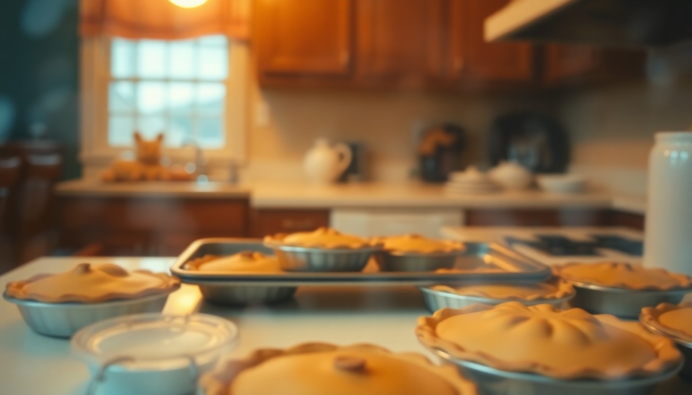 An extremely blurred, impressionistic photograph in warm tones showing the out-of-focus outline of a tray of freshly baked pies on a kitchen counter, conceptually representing the legacy of a beloved local figure known as the 'Pie Lady'.
