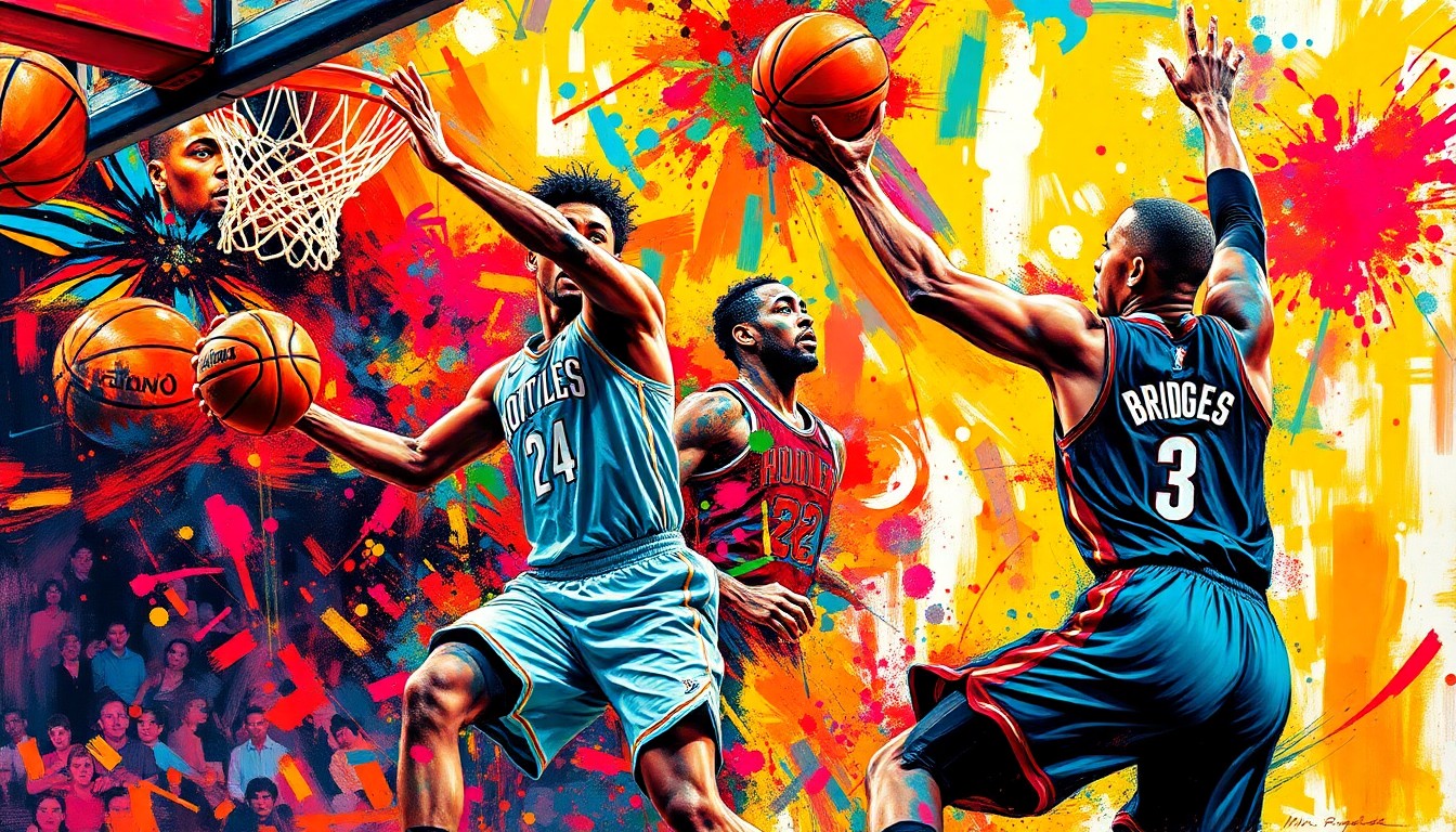 An abstract, expressionist painting in vibrant neon colors depicting the climactic final seconds of the Hornets-Heat play-in game, with players' figures and movements blurred into dynamic brushstrokes, capturing the raw energy and tension of the high-stakes matchup.