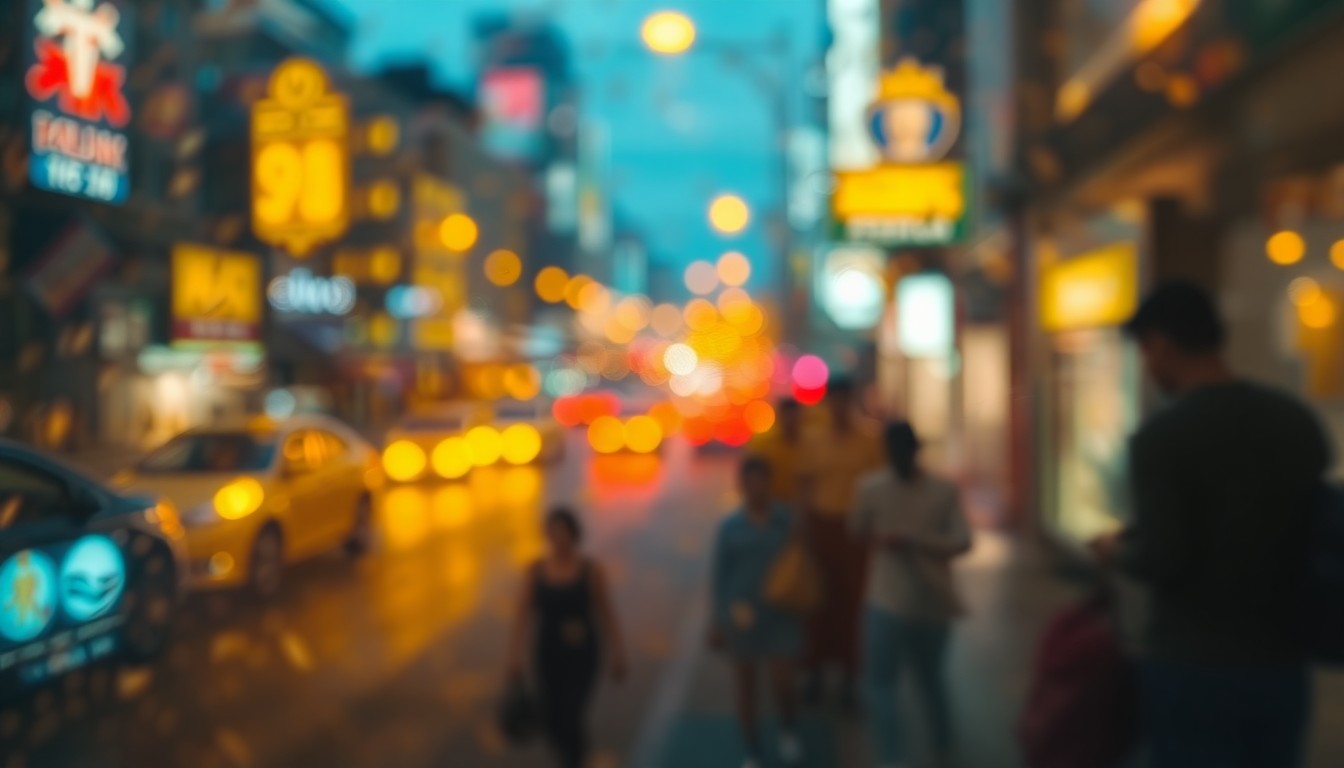 An abstract, impressionistic scene of a busy urban street corner at night, with soft, blurred pools of warm yellow, orange, and blue light, conveying the energy and activity of a lively commercial district.