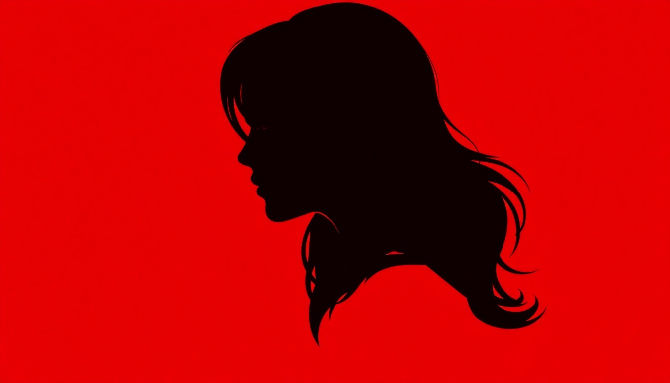 A striking black silhouette of a woman's face in profile, with long, flowing hair, against a bold red background, conveying the haunting, supernatural essence of the La Llorona legend.