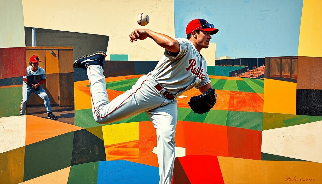 A cubist, geometric painting depicting a baseball pitcher in the act of delivering a pitch, with the ball, batter, and field all broken down into sharp, overlapping planes of color and shape.