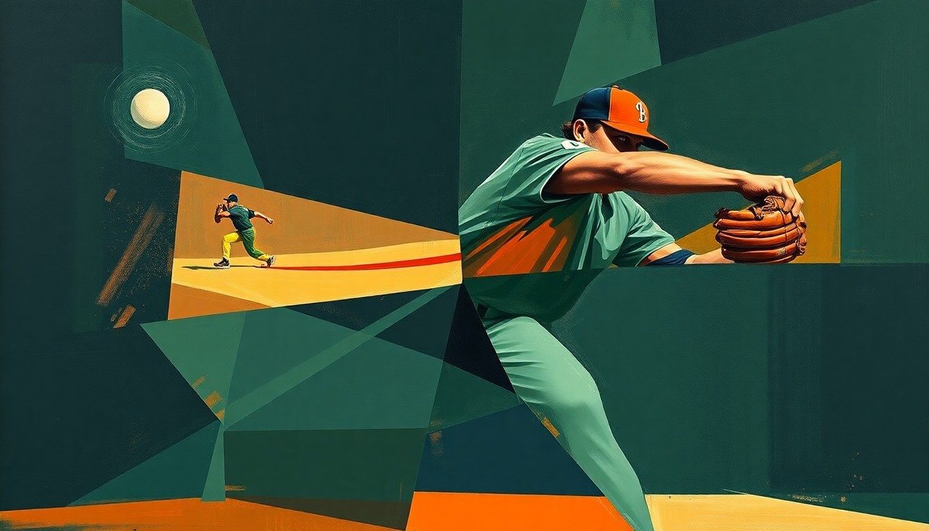 A fragmented, geometric painting depicting the motion of a baseball pitcher's throwing arm, with sharp planes of color and overlapping shapes conveying the dynamism of the sport.