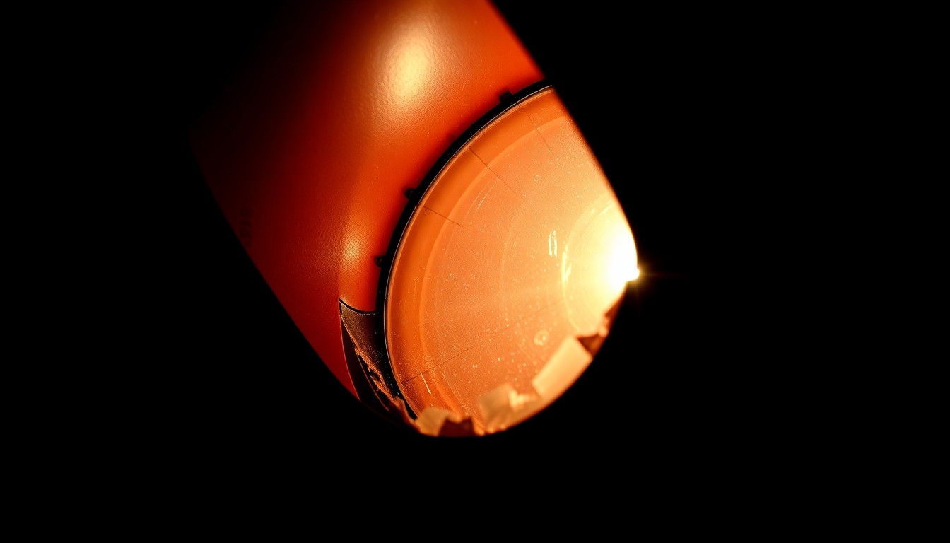 An extreme close-up photograph of a damaged traffic signal light or broken glass from a vehicle, capturing the harsh, gritty details of the scene without any identifying elements.
