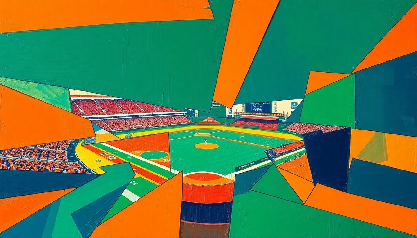 A cubist, geometric painting depicting a baseball game in motion, with overlapping planes of bright orange, navy blue, and emerald green, conveying the energy and intensity of the Bethune-Cookman upset victories.