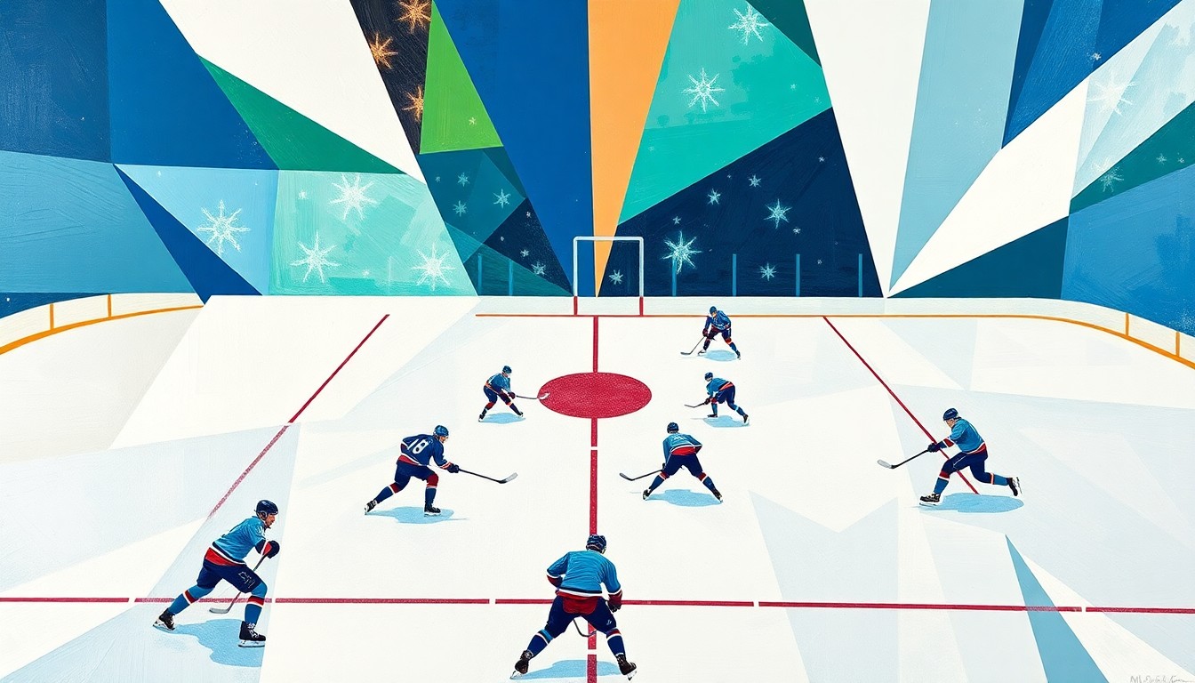 A cubist-style painting featuring angular, overlapping geometric shapes in shades of blue, green, and white, representing the players and action of a hockey game in a fragmented, multi-perspective composition.