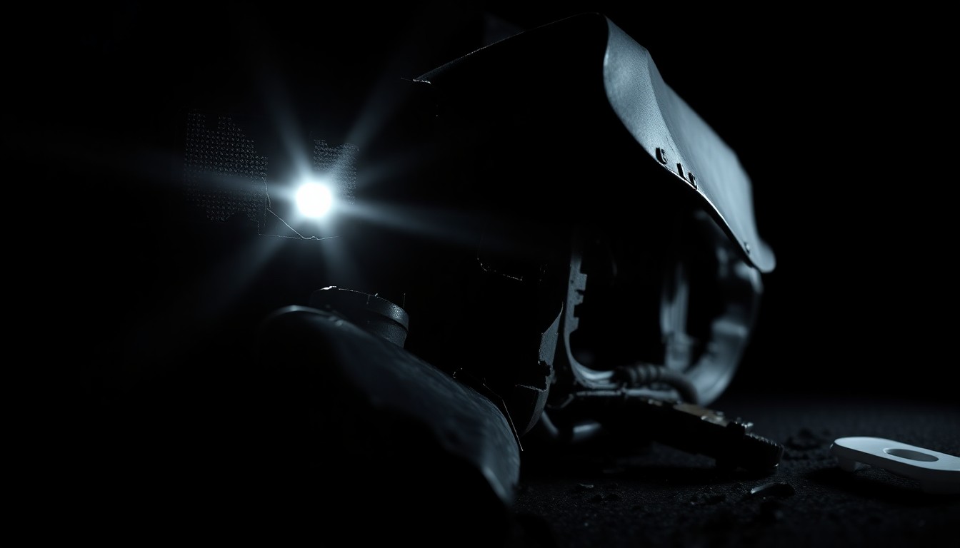 An extreme close-up photograph of a damaged car part, such as a broken side mirror or crumpled fender, lit dramatically with a harsh flash against a dark background, conveying the gritty, investigative nature of the incident.