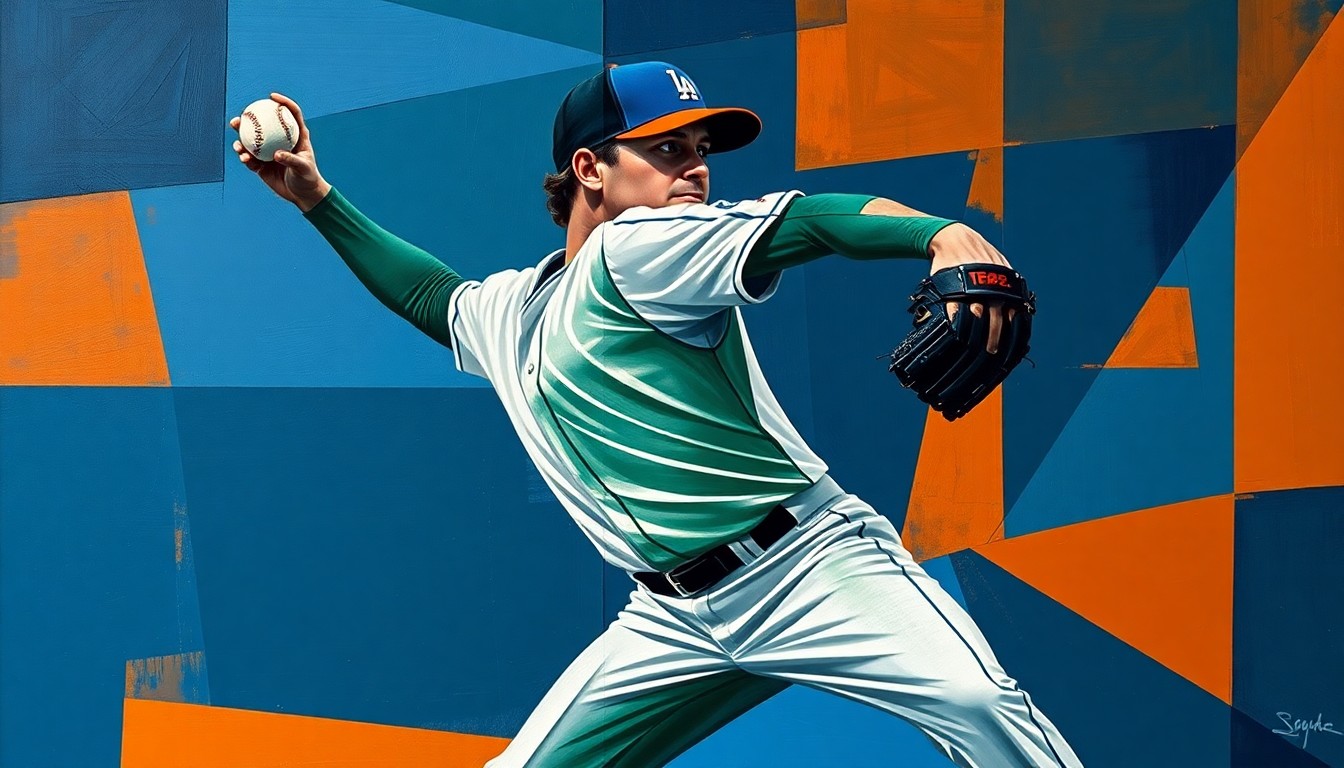 A cubist-style painting depicting a baseball pitcher's motion broken down into sharp, overlapping geometric shapes in navy blue, forest green, and burnt orange, conveying the raw energy and movement of the sport.