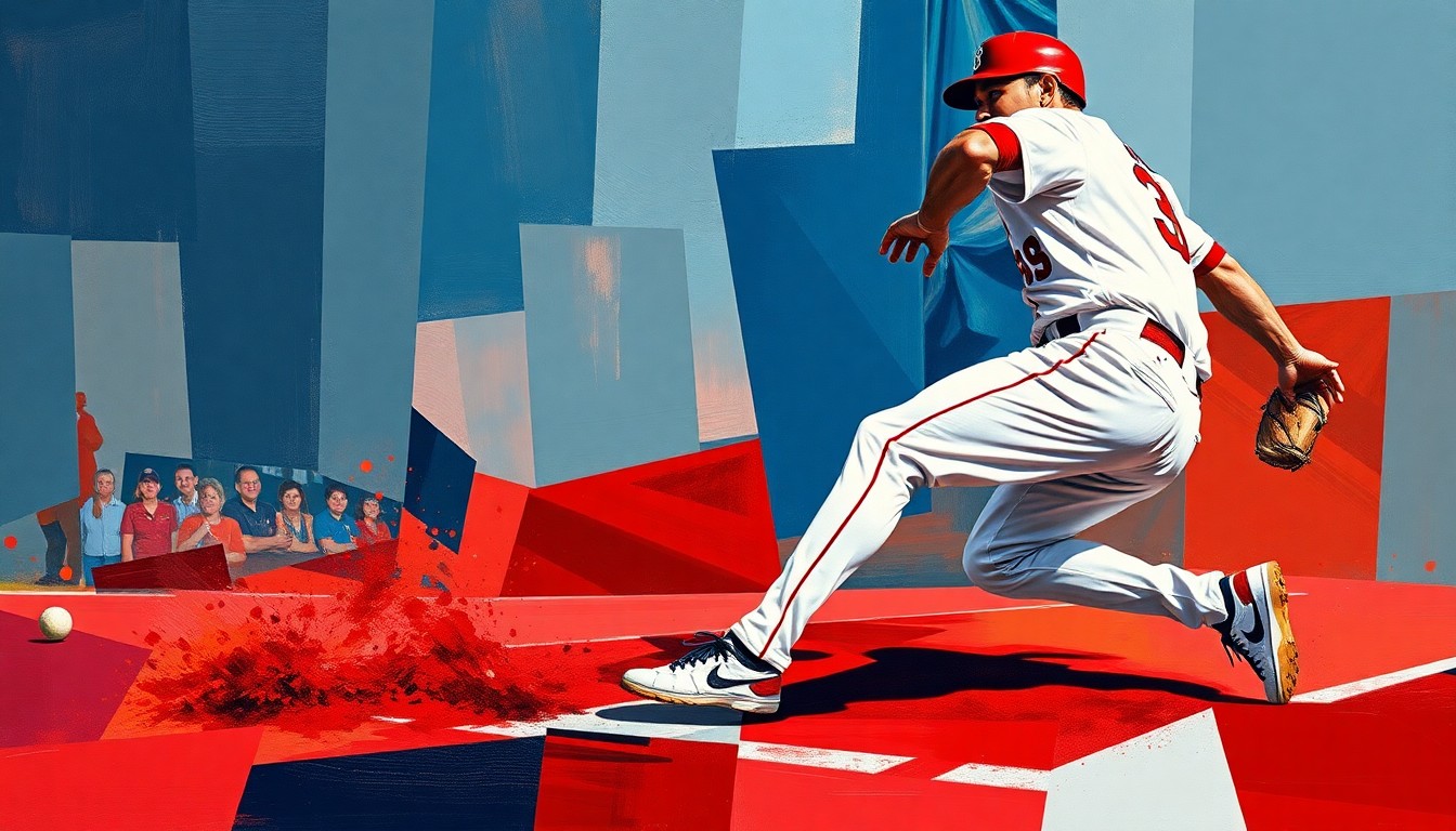 A fractured, geometric painting depicting a baseball player sliding into first base, with the player's body and the base broken down into sharp, overlapping planes of color in the style of Pablo Picasso.