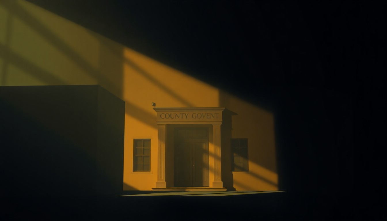 A serene, nostalgic painting of a county government office or building, with warm lighting and deep shadows creating a contemplative mood around the political process.