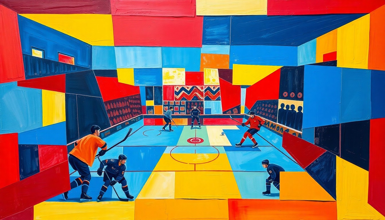A cubist, geometric painting depicting a hockey game with sharp, overlapping planes of blue, red, and yellow, conveying the dynamic action and multiple viewpoints of the sport.