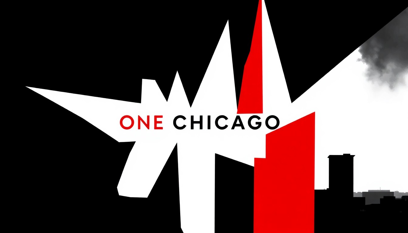 An abstract, minimalist illustration featuring bold, jagged black shapes against a stark white background, with splashes of bright red, conveying the dramatic, high-stakes nature of the One Chicago TV franchise.
