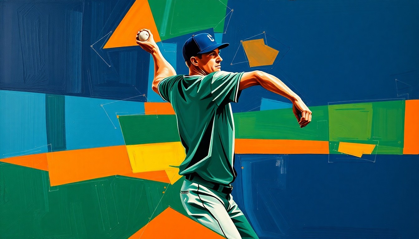 A fragmented, geometric painting depicting a baseball pitcher's windup and delivery, with sharp planes of navy blue, forest green, and burnt orange colors.