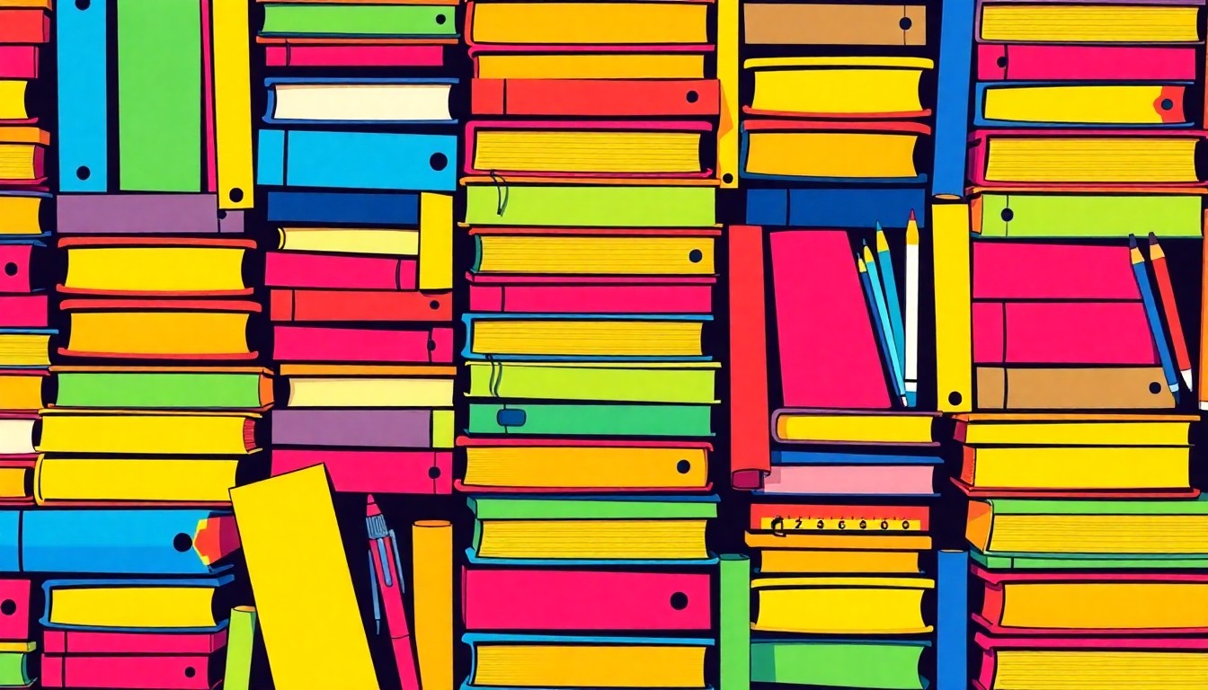 A bold, colorful silkscreen-style illustration featuring a repeating grid of school supplies like textbooks, pencils, and notebooks in bright neon shades, conceptually representing the need for equitable education funding.
