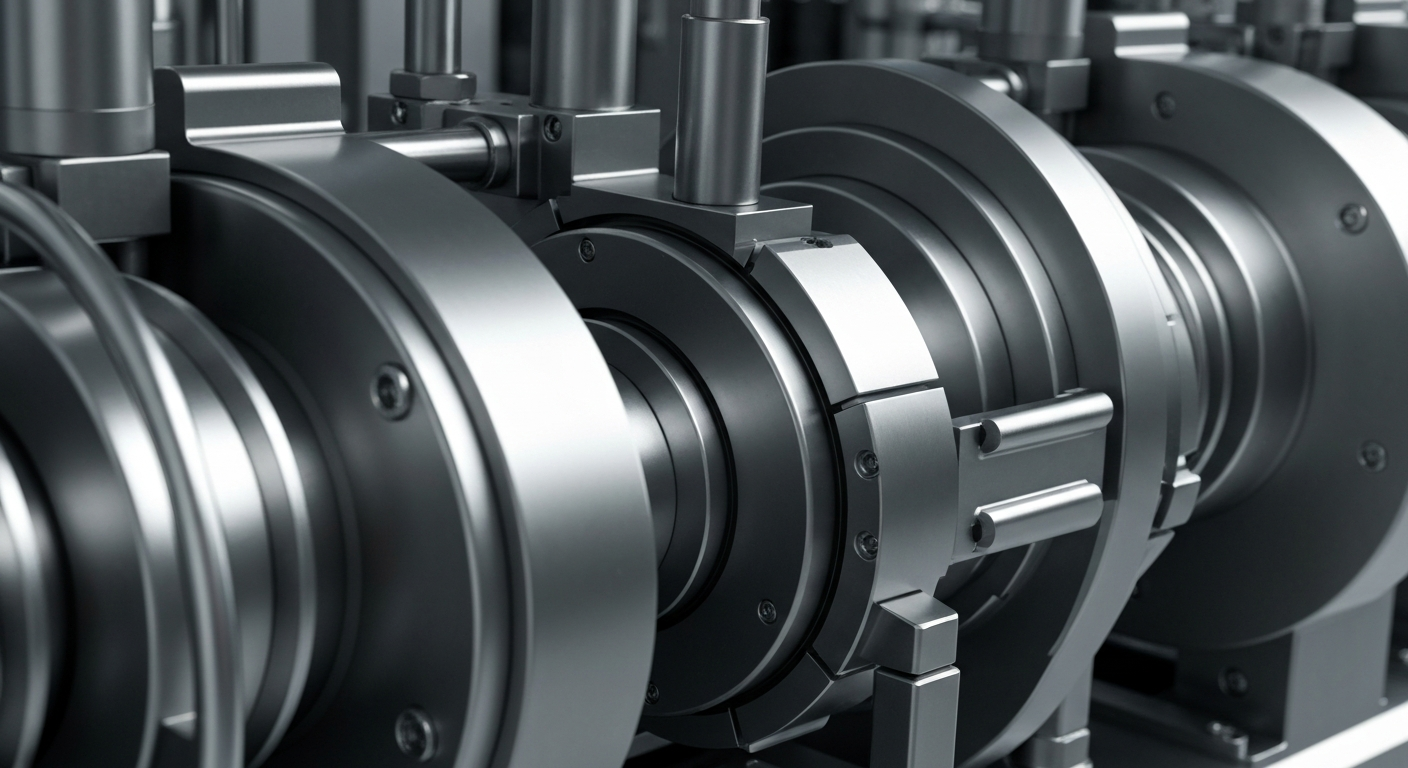 An extreme close-up of complex, industrial semiconductor manufacturing equipment, conveying the technical sophistication and capital-intensive nature of the chip industry.