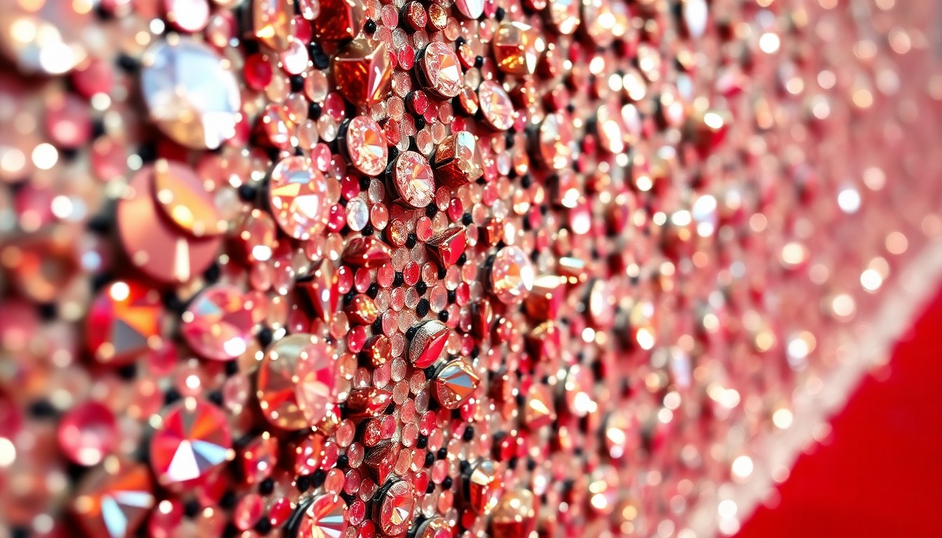 An abstract close-up photograph featuring a dramatic, high-contrast composition of shimmering sequins, sparkling gemstones, and reflective metallic surfaces, evoking the high-fashion aesthetic of a red carpet event.