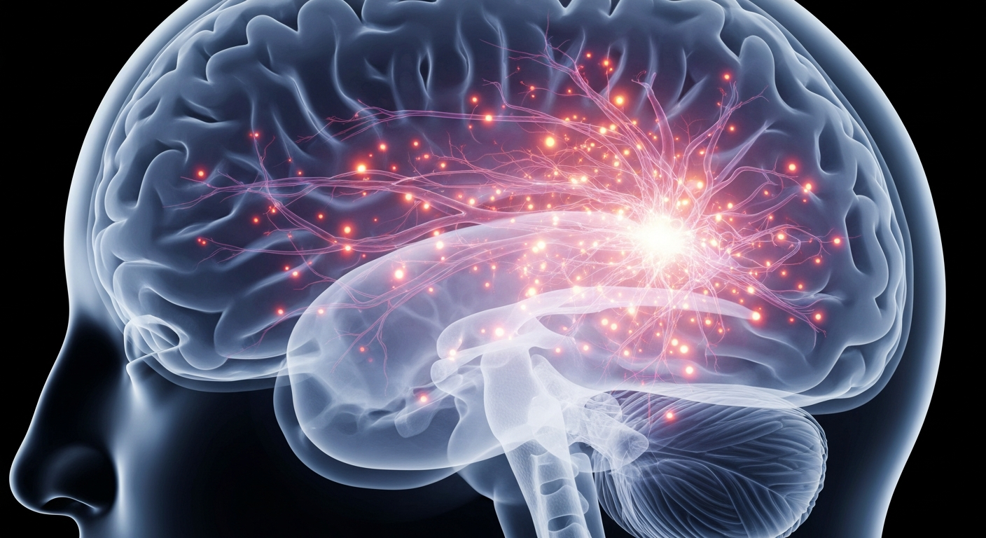 A ghostly, translucent X-ray photograph showing the intricate neural structures of a human brain, conceptually representing the complex interplay of mental health and addiction.