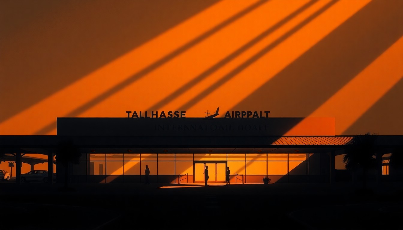 A serene, cinematic painting of the Tallahassee airport terminal building bathed in warm light, with a lone figure standing in the foreground, conveying a sense of nostalgia and the airport's significance to the community.