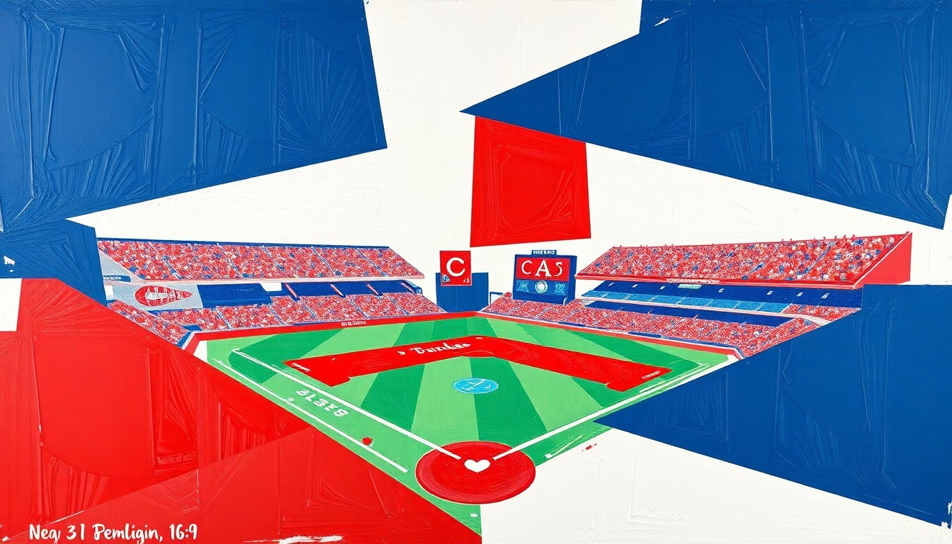A fragmented, cubist-style painting depicting a college baseball game, with sharp geometric shapes in navy, crimson, and white representing the dynamic action on the field.