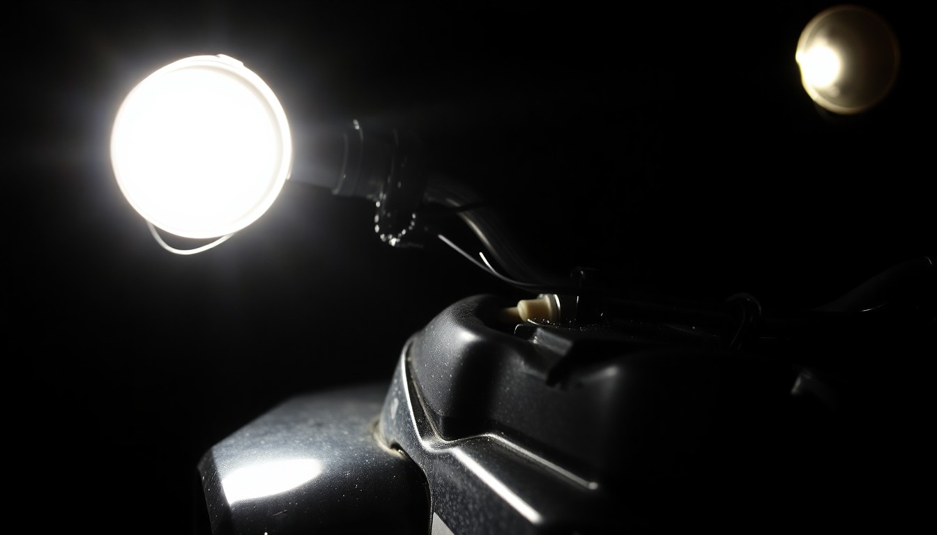 An extreme close-up photograph of a damaged ATV part, such as a broken handlebar or crumpled fender, lit by a harsh, direct camera flash against a pitch-black background, conceptually illustrating the aftermath of an off-road vehicle accident.