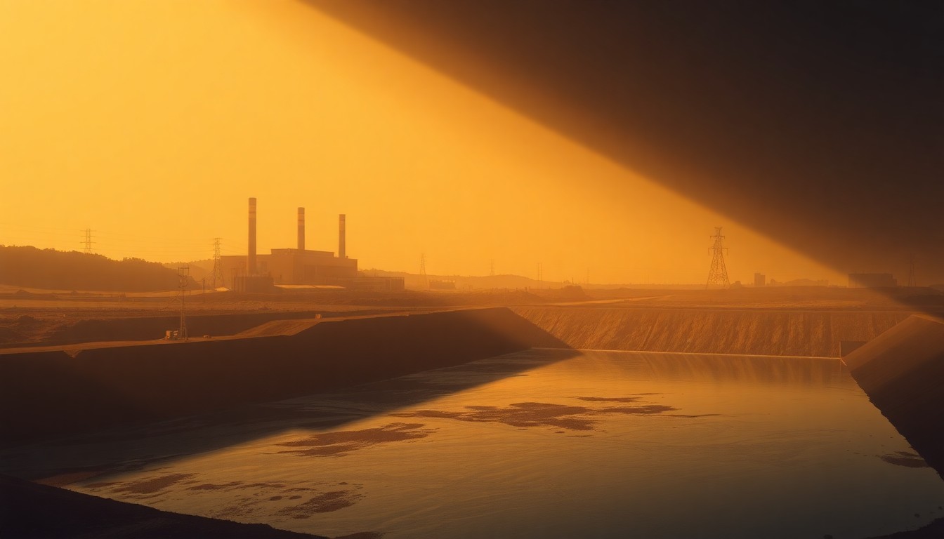A photorealistic painting of a large coal ash storage pond surrounded by industrial equipment, with warm sunlight casting dramatic shadows across the scene, conveying a sense of quiet foreboding about the potential environmental hazards.