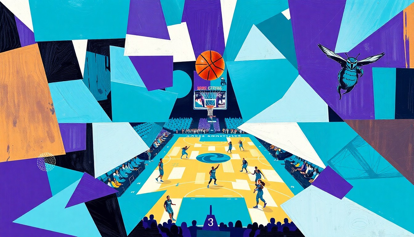 A cubist, geometric painting featuring overlapping planes of teal, purple, and white, capturing the energy and movement of a Hornets basketball game.