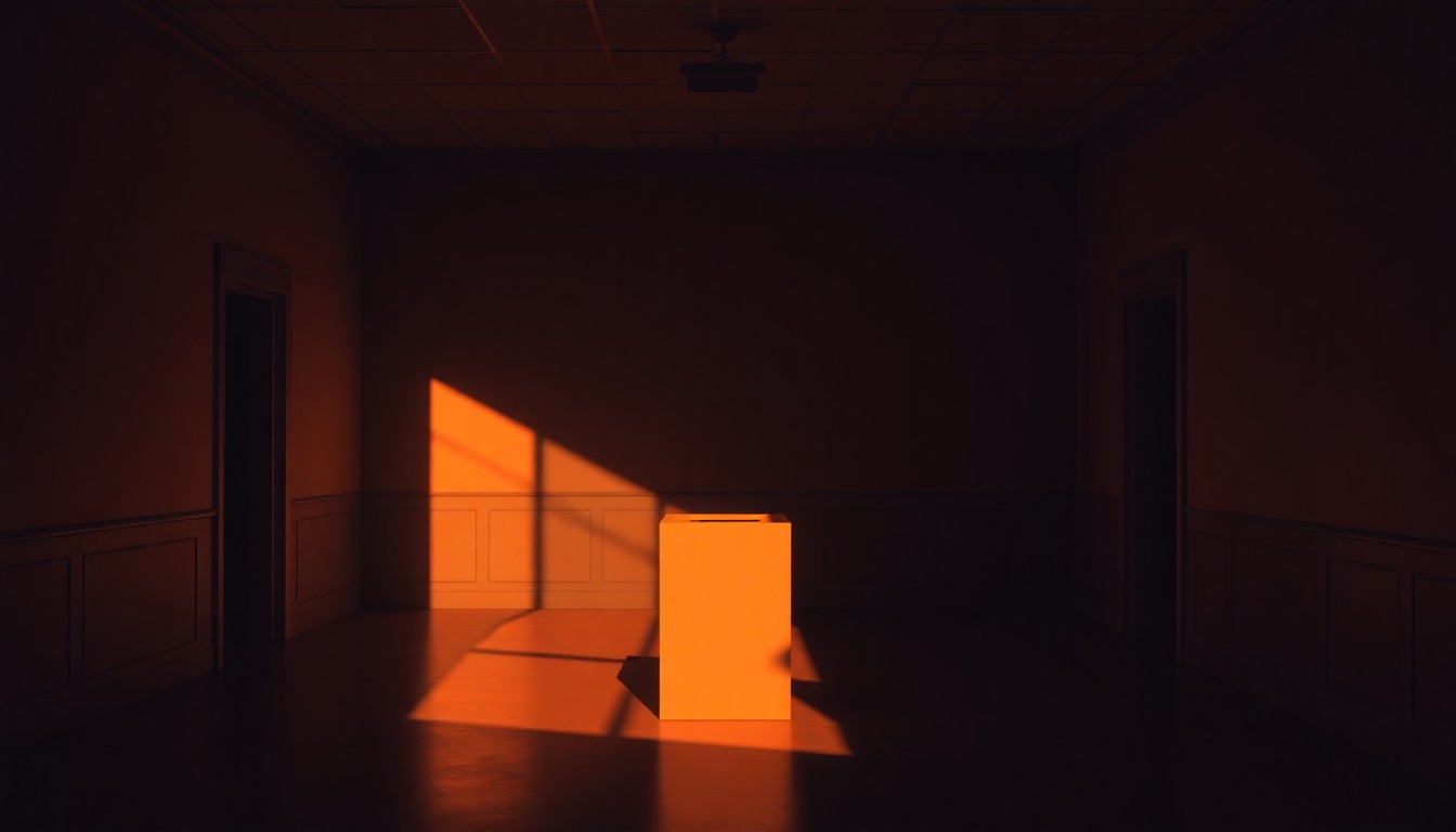 A dimly lit, cinematic painting of a solitary ballot box in an empty government office, with warm sunlight and deep shadows, conceptually representing the complex issues surrounding voter privacy in Utah.