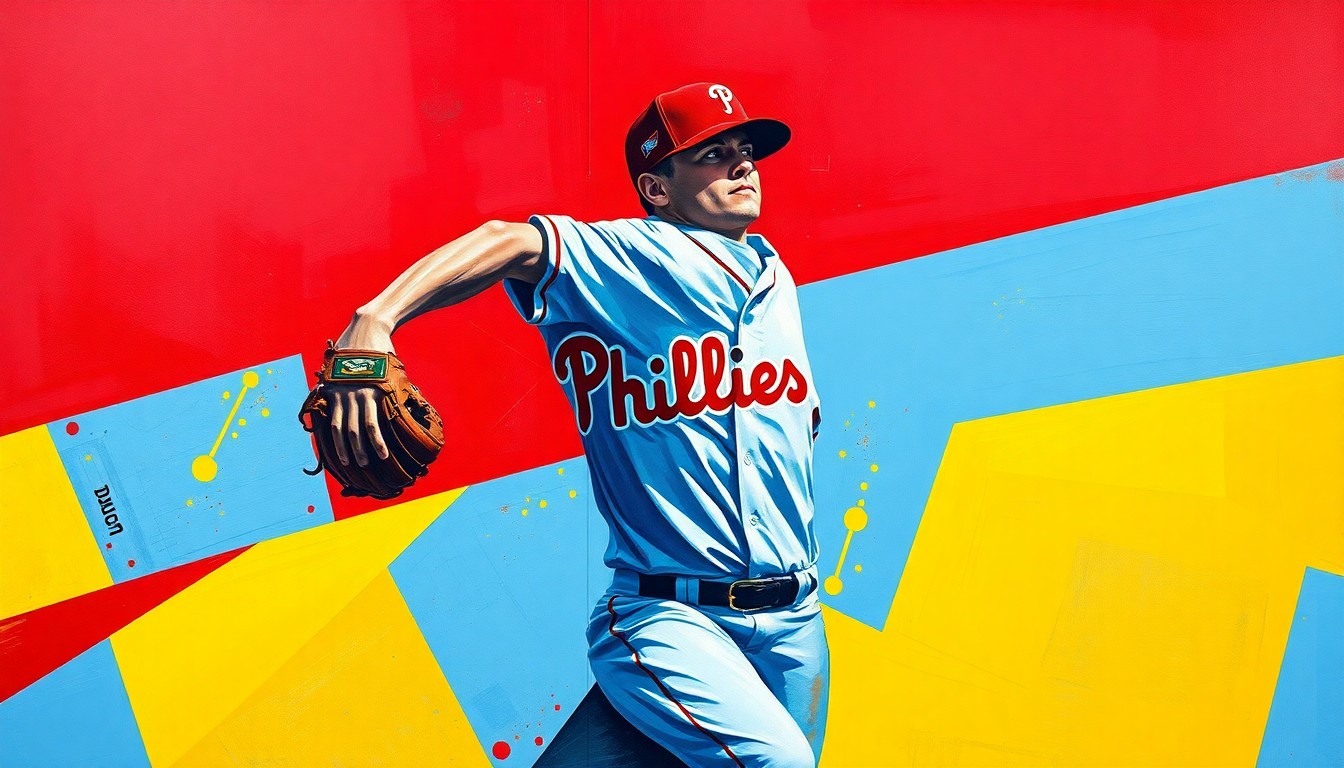 A fractured, multi-perspective painting in bold colors depicting a Phillies pitcher's delivery broken down into sharp, overlapping geometric shapes, conceptually representing the team's roster changes and rotation adjustments.