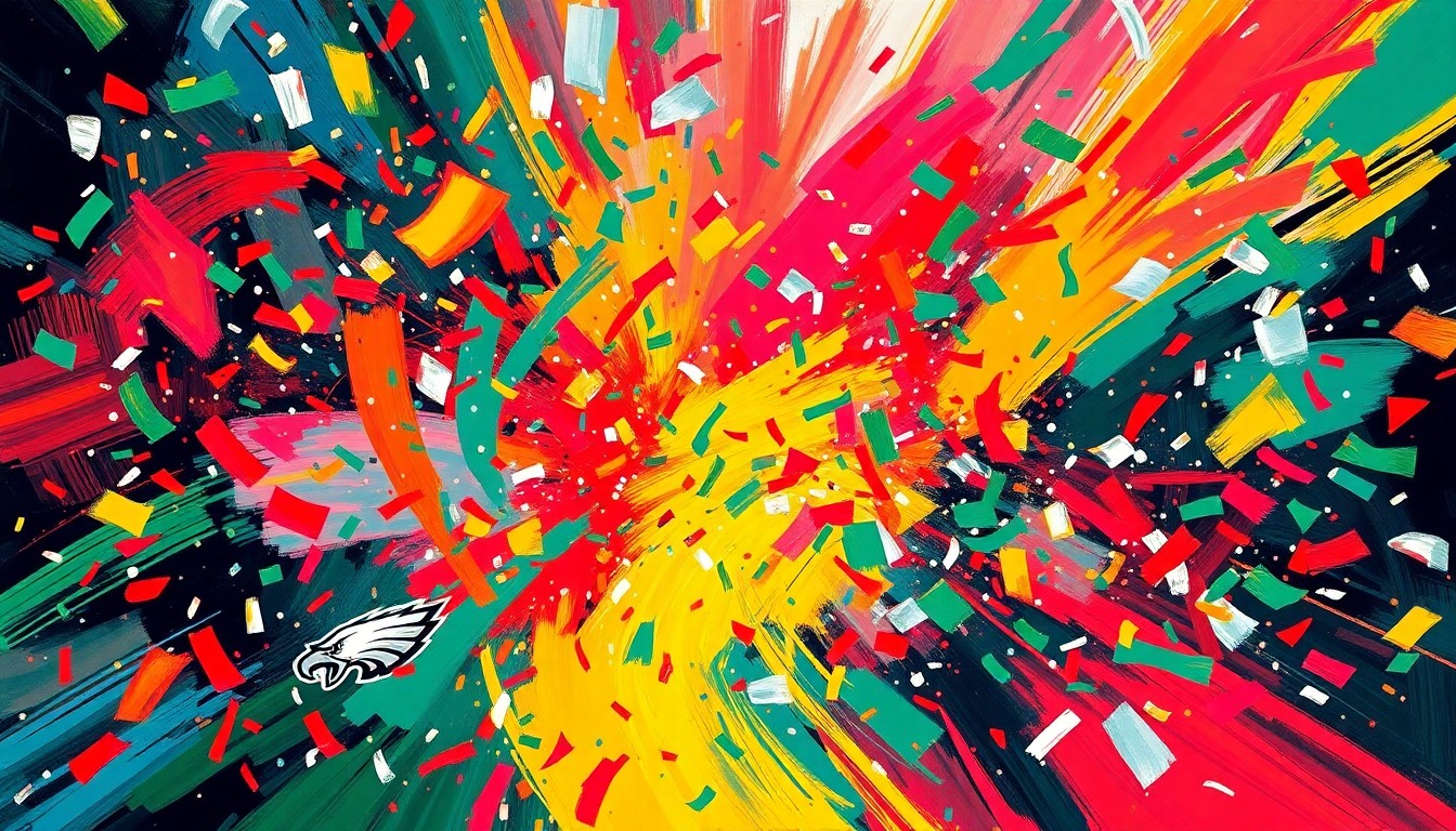 An abstract, energetic painting in vibrant neon colors and rapid brushstrokes, capturing the celebratory spirit of an Eagles Super Bowl victory with swirling, dissolving shapes and forms that evoke the sensation of confetti floating through the air.