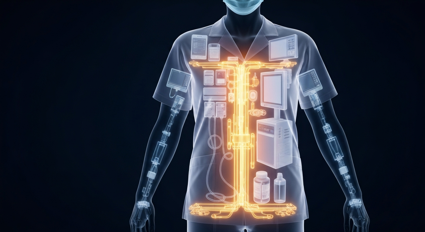 A ghostly, translucent X-ray photograph revealing the internal structure of a nurse's uniform, with medical equipment and supplies glowing against a dark background, conceptually representing the clinical education and hands-on healthcare experience of the nursing program graduates.