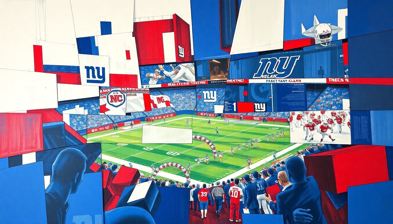 A cubist, geometric illustration depicting fragmented football players and draft prospects in the Giants' team colors, conveying the complexity and unpredictability of the NFL draft process.
