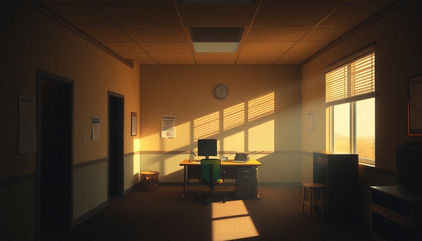 A dimly lit, cinematic interior scene of an empty political campaign office, with warm sunlight streaming through the windows and deep shadows cast across the desks and chairs, creating a sense of quiet contemplation and uncertainty.