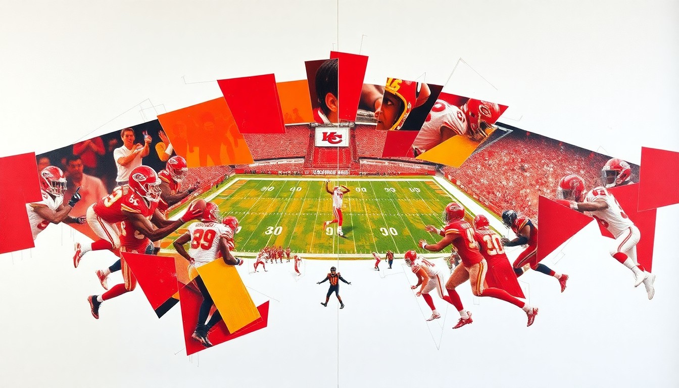 A cubist, geometric painting depicting a Kansas City Chiefs football game, with the players and field broken down into sharp, overlapping planes of red, gold, and white.