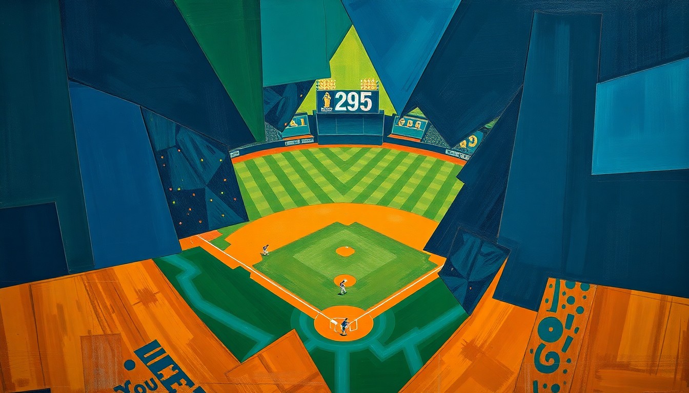 A fragmented, geometric painting depicting a baseball diamond and players in a cubist style, using bold navy, green, and orange colors to conceptually represent the changing dynamics of Major League Baseball.