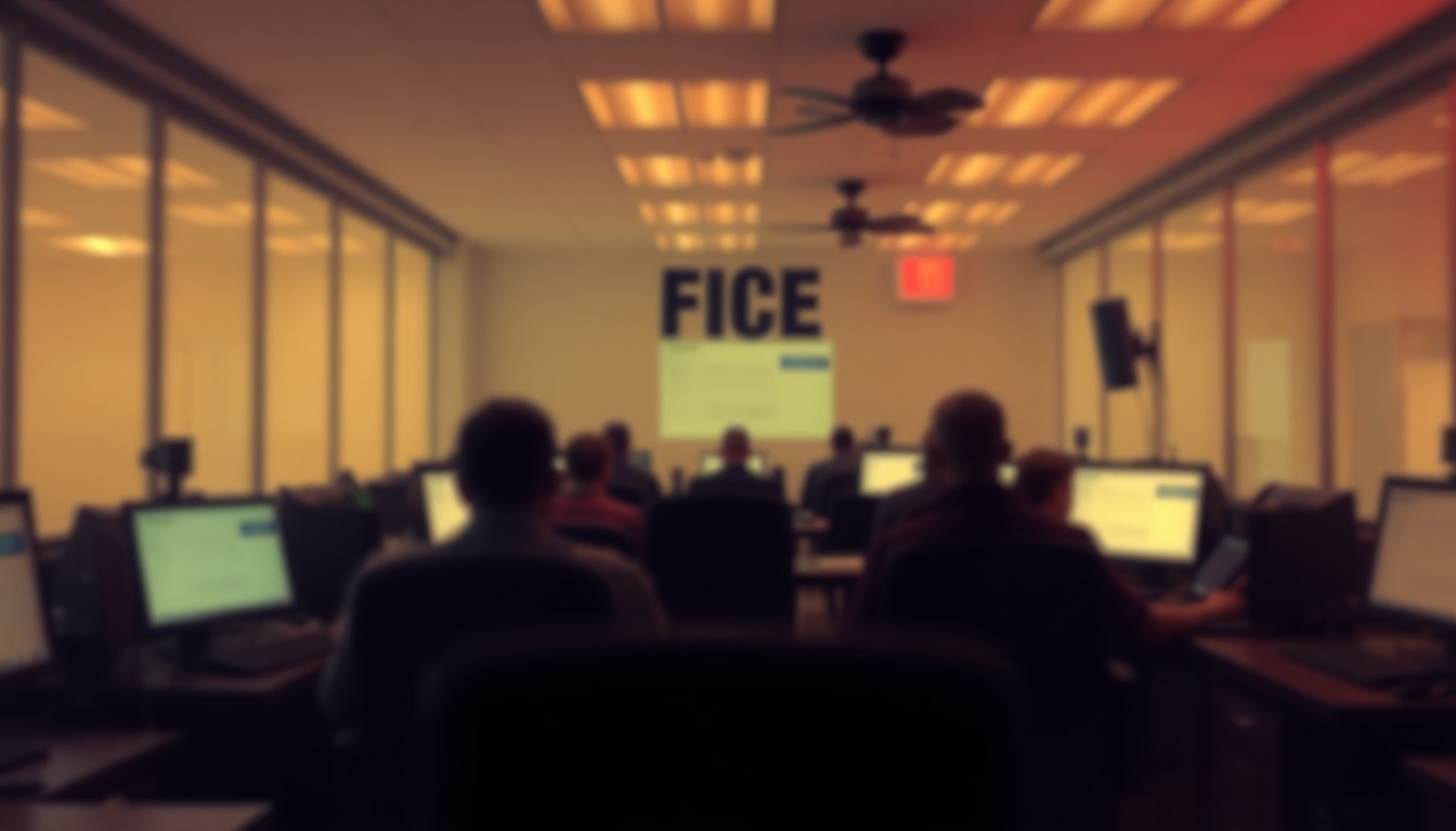 A softly blurred, impressionistic photograph in warm, muted tones depicting the interior of an emergency call center, with the faint silhouettes of telecommunicators at their workstations, conceptually representing the vital but often unseen work of 911 dispatchers.