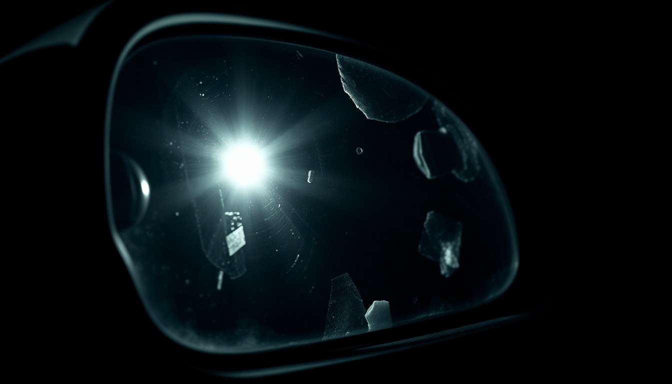An extreme close-up photograph of a damaged car mirror or sensor, lit by a harsh, direct camera flash against a pitch-black background, creating a stark, gritty, investigative aesthetic.