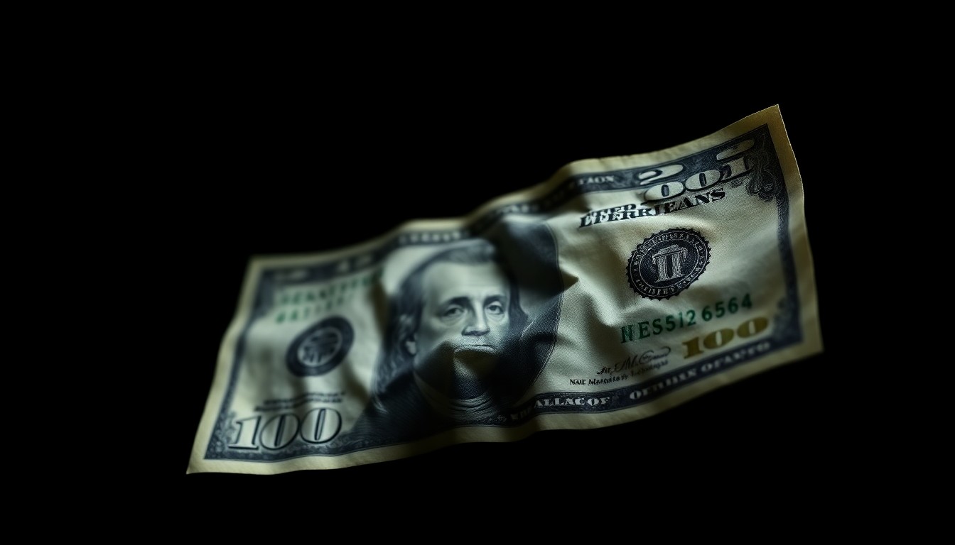 An extreme close-up photograph of a crumpled $20 bill against a pitch-black background, lit by a harsh, direct camera flash, conceptually representing the financial vulnerability of elderly victims targeted by phone scams.